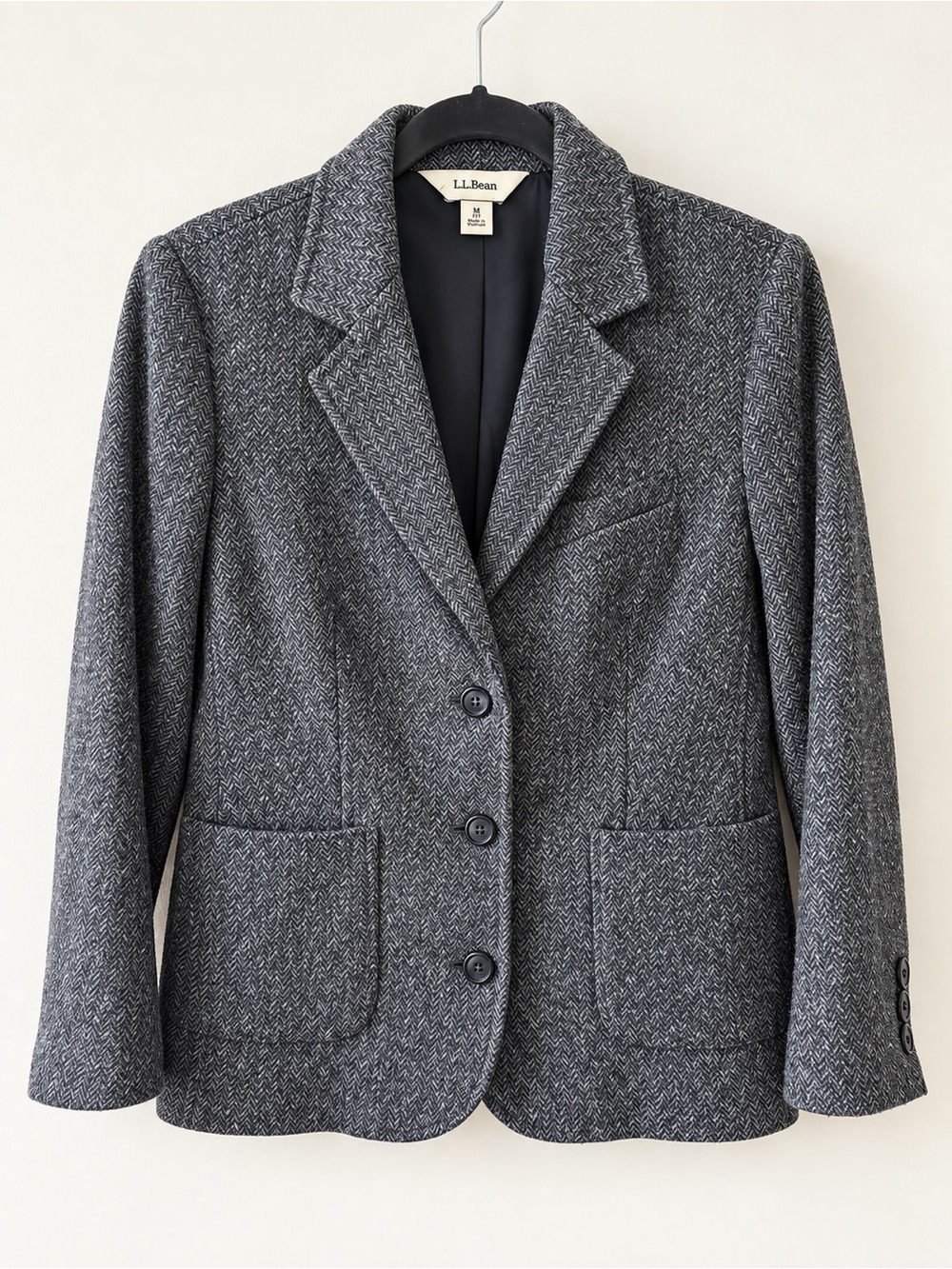L.L. Bean Wool Silk Herringbone Tweed Blazer Gray M Petite